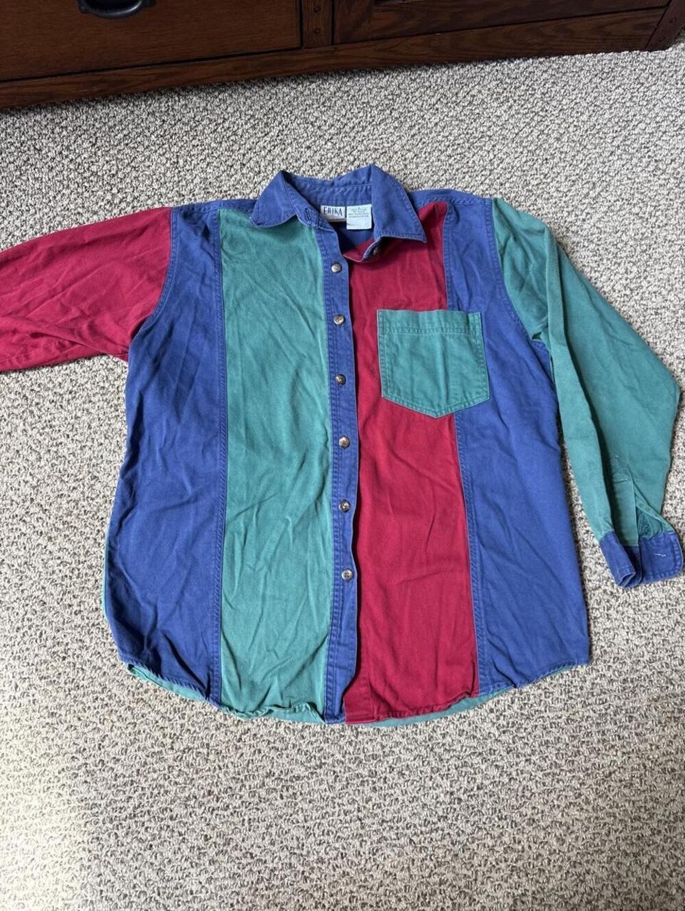 Erika Blues vintage 90s button up shirt with stripes of blue, red, and teal